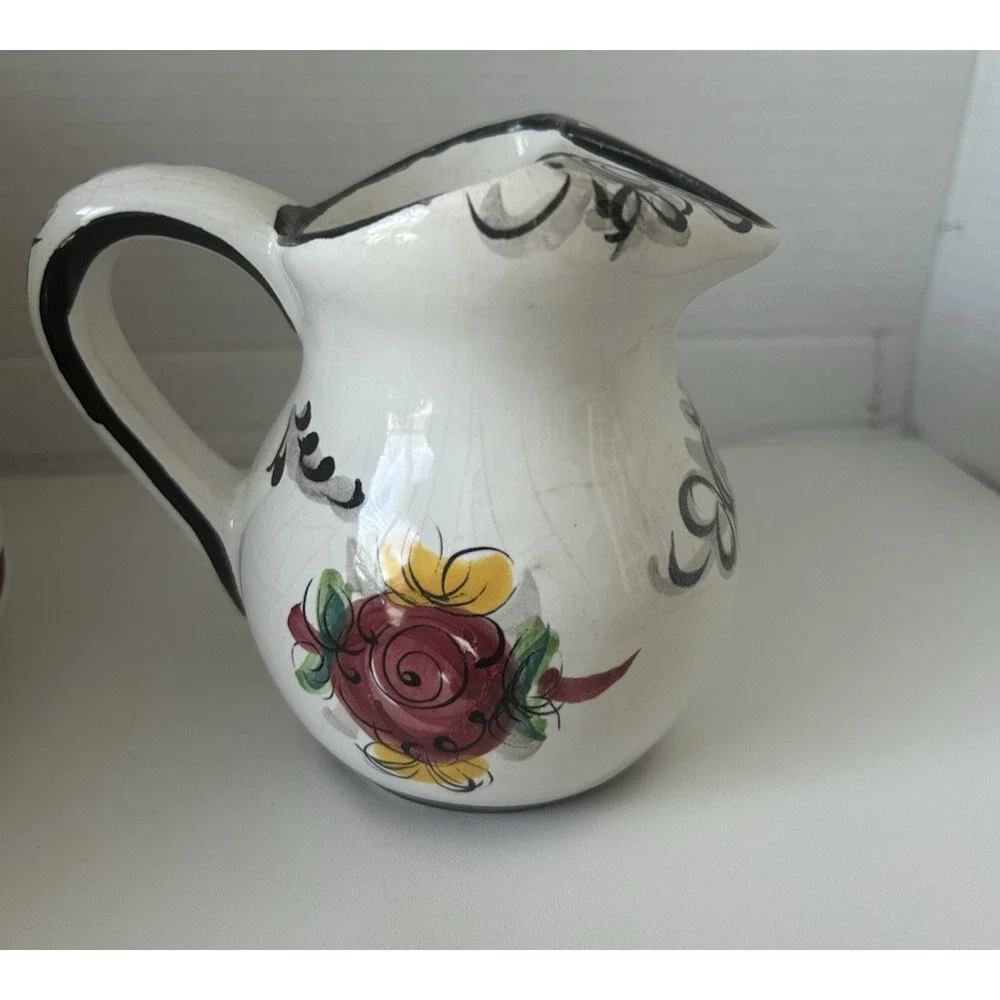 Hand Painted Ceramic Floral Mini Pitcher Glossy Pottery Portugal CG28